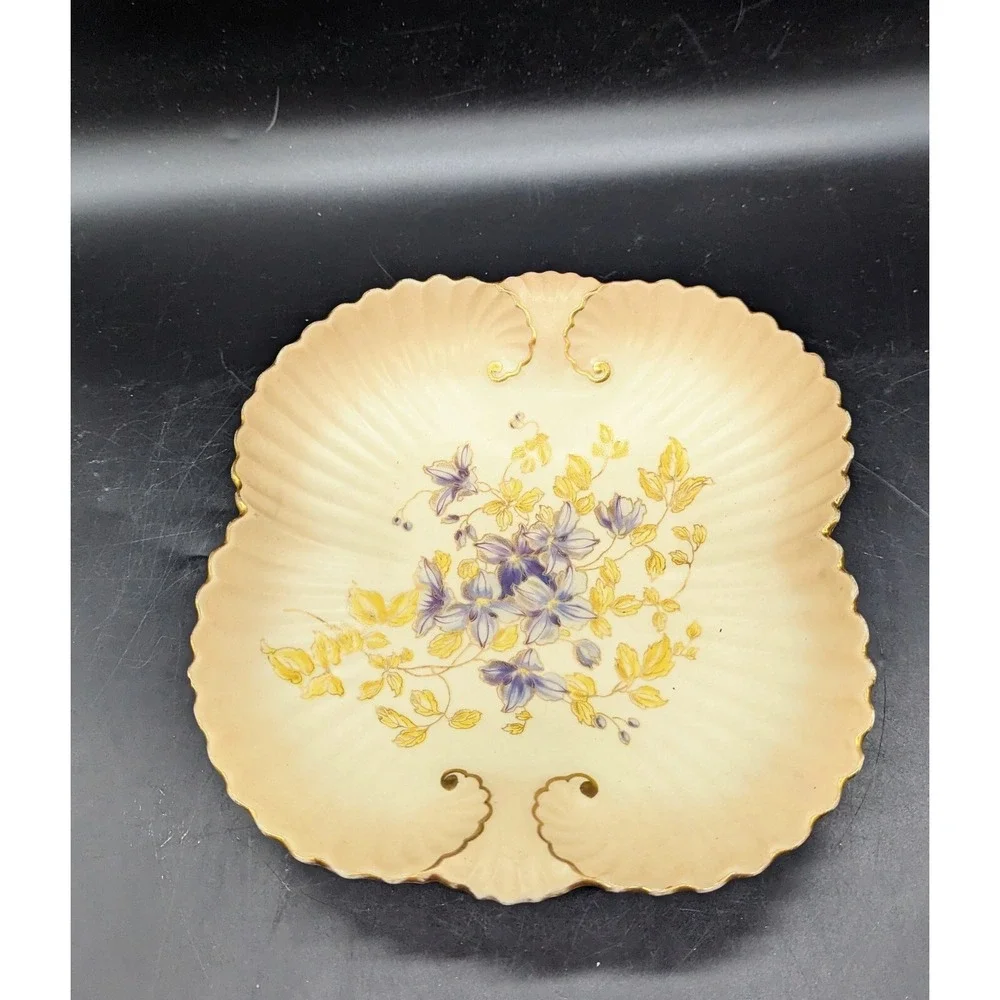 Antique‎ Fluted Porcelain Square Nut Candy Dish Purple Flower Violet 9